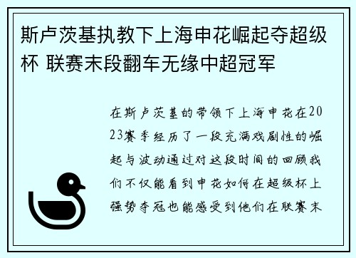 斯卢茨基执教下上海申花崛起夺超级杯 联赛末段翻车无缘中超冠军